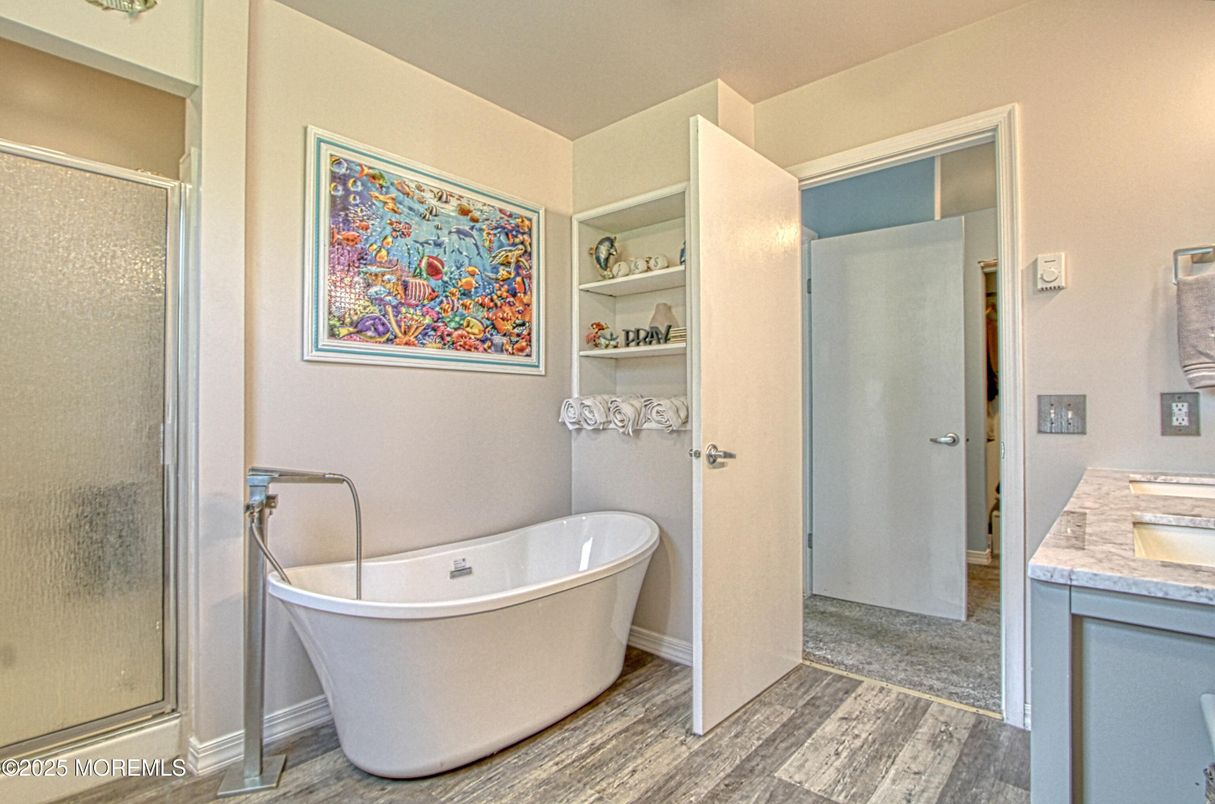 Bathroom, Free Standing Baths, Glass Shower, Interior, Wood Texture Flooring