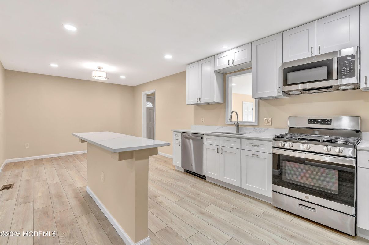 Interior, Kitchen, Recessed Lighting, Stainless Steel Appliances, Wood Texture Flooring