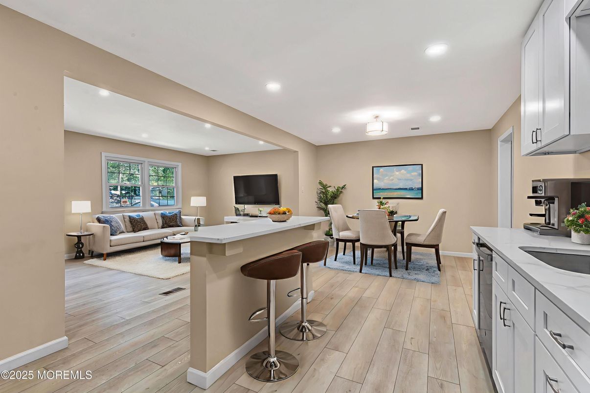 Dining room, Interior, Kitchen, Living room, Recessed Lighting, Wood Texture Flooring