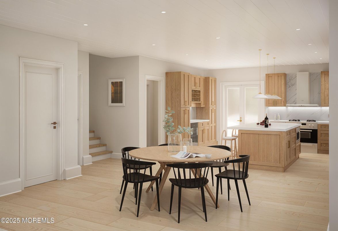 Dining room, Interior, Kitchen, Pendant Lights, Recessed Lighting, Wood Texture Flooring