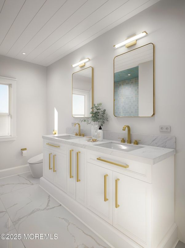 Bathroom, Dual Sink Vanities, Interior, Marble, Recessed Lighting