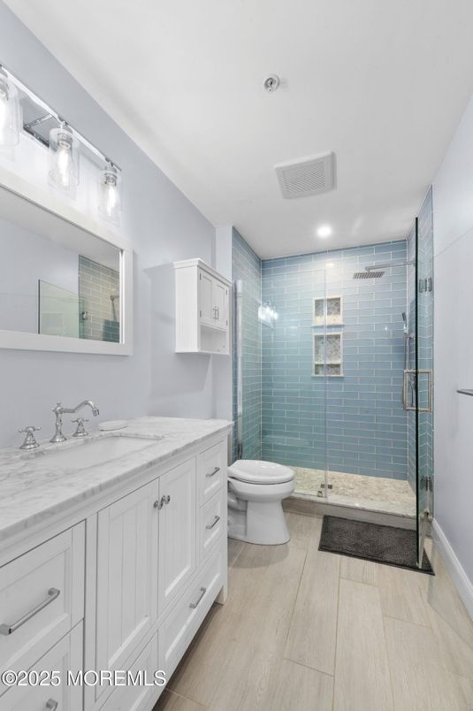 Bathroom, Glass Shower, Interior, Recessed Lighting, Wood Texture Flooring