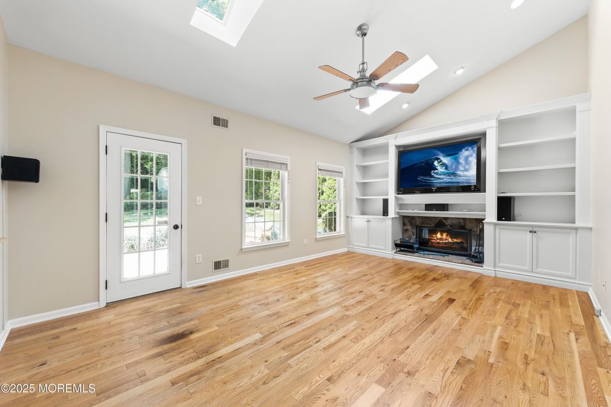 Empty room, Fireplace, Interior, Recessed Lighting, Wood Texture Flooring