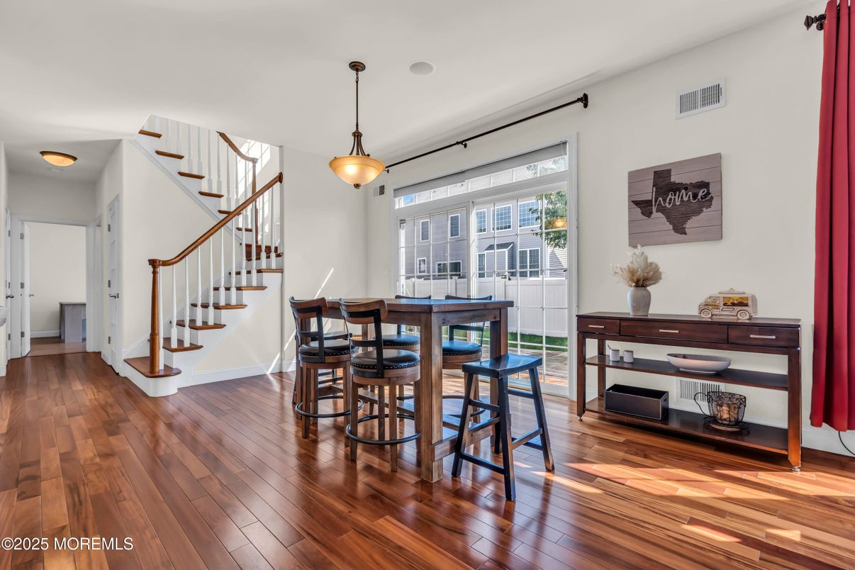 Dining room, Interior, Pendant Lights, Wood Texture Flooring