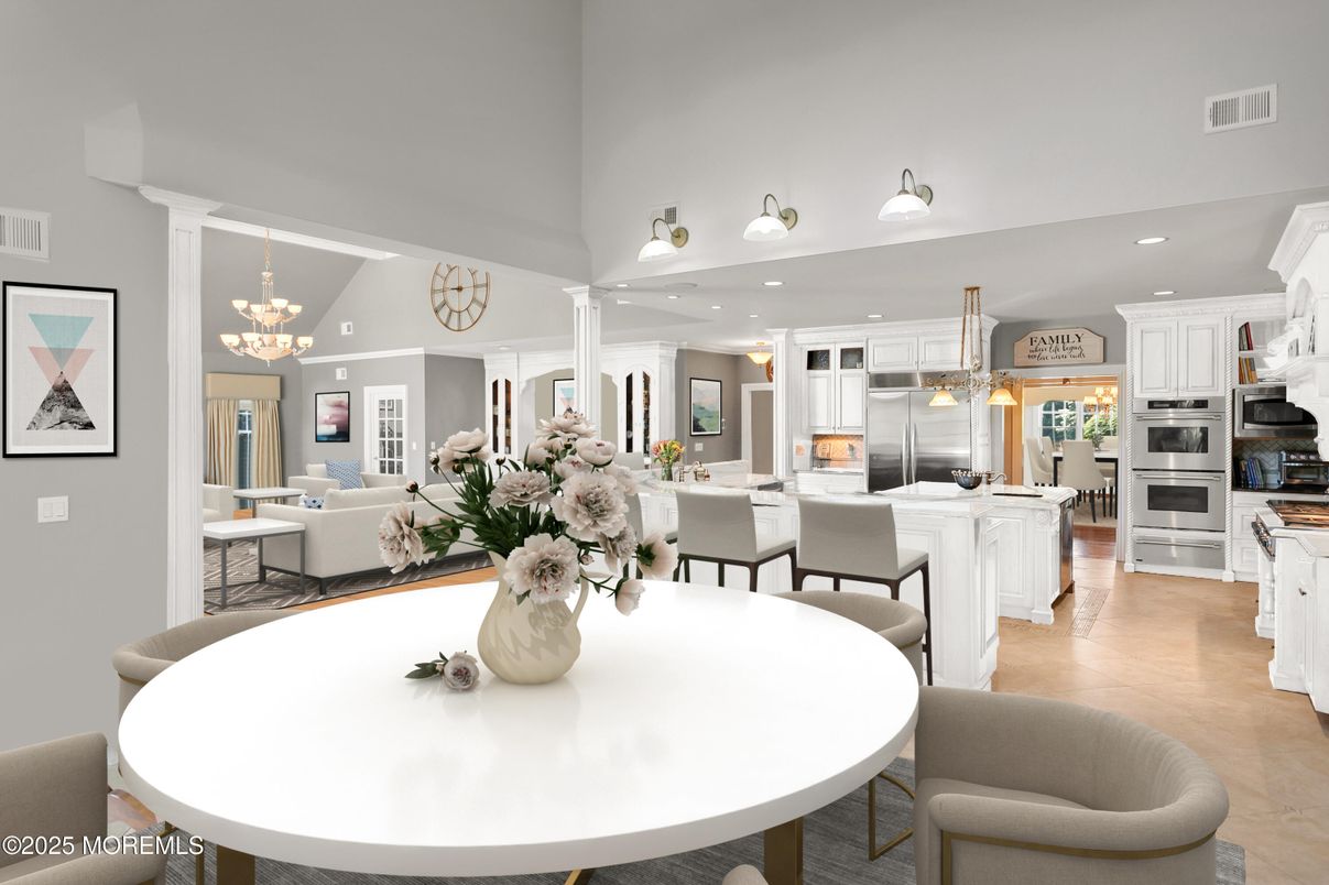 Chandelier, Dining room, Interior, Kitchen, Living room, Pendant Lights, Recessed Lighting, Stainless Steel Appliances