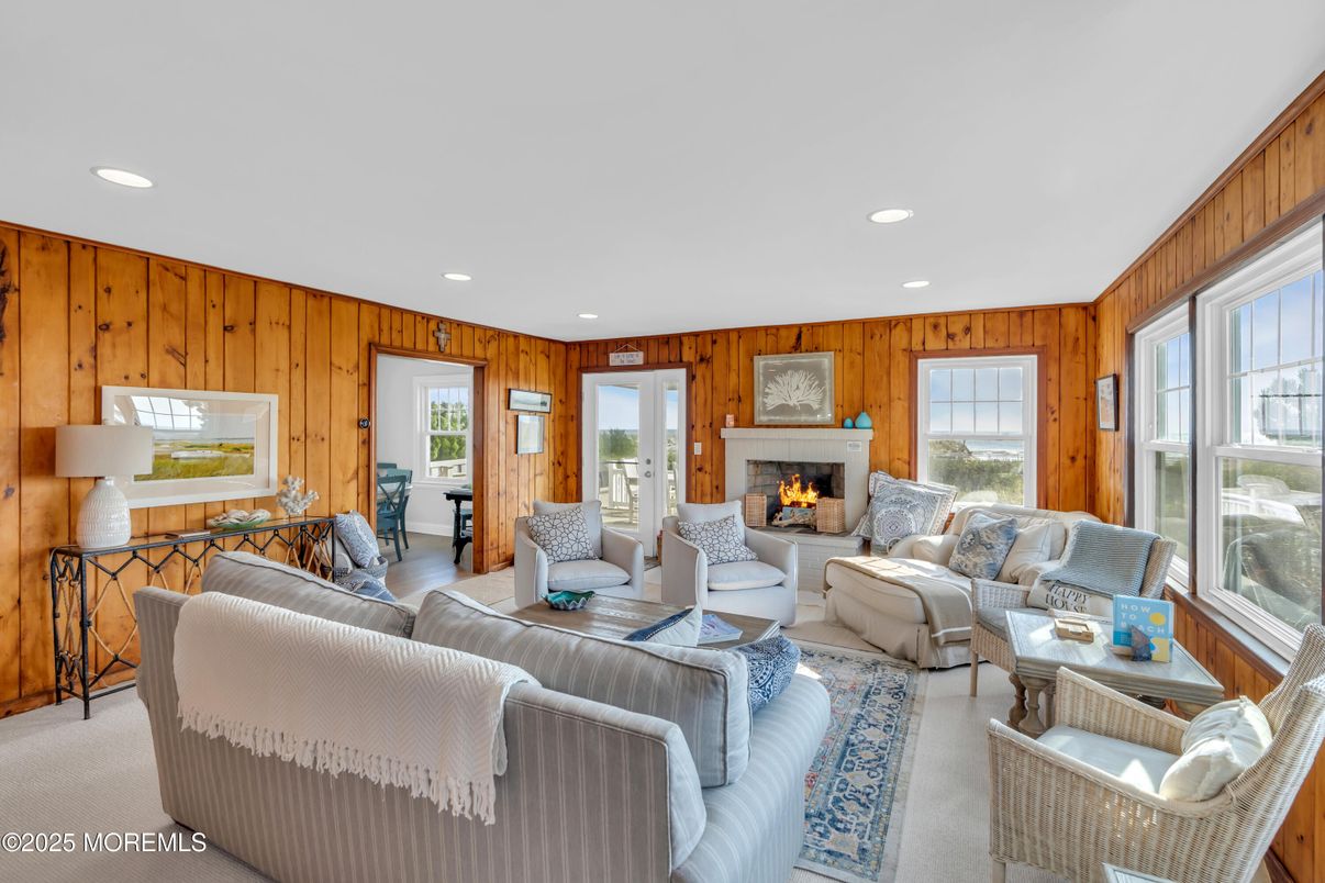 Fireplace, Interior, Living room, Recessed Lighting, Wooden Walls