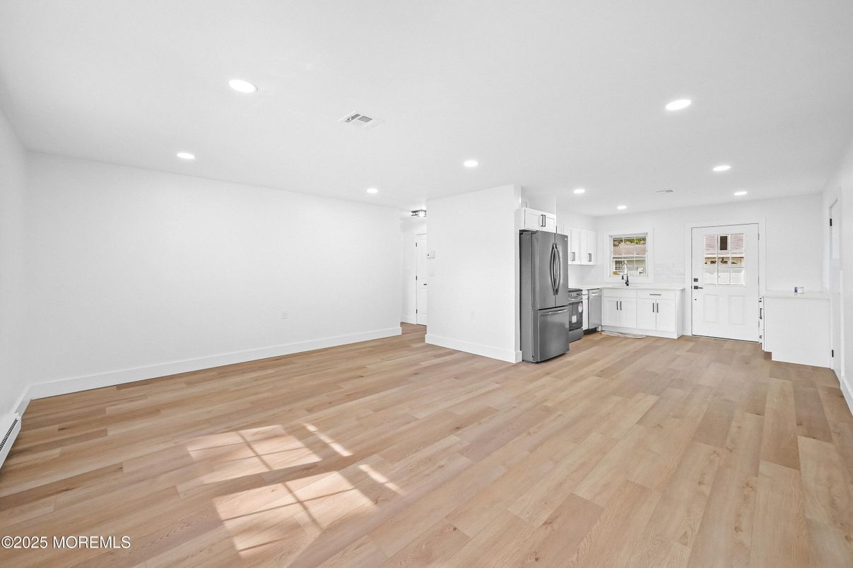 Empty room, Interior, Kitchen, Recessed Lighting, Wood Texture Flooring