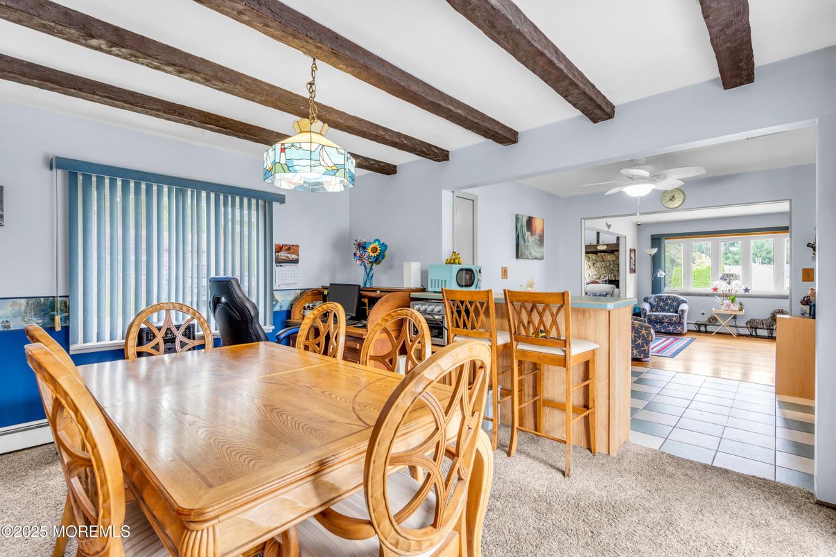 Dining room, Fireplace, Interior, Pendant Lights, Wooden Beams
