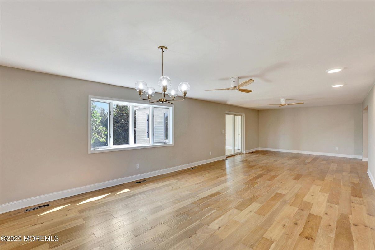 Chandelier, Empty room, Interior, Recessed Lighting, Wood Texture Flooring