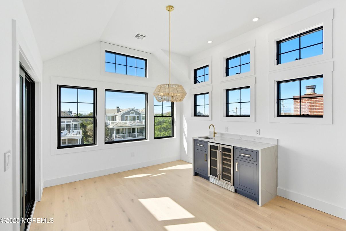 Empty room, Interior, Kitchen, Pendant Lights, Recessed Lighting, Wood Texture Flooring