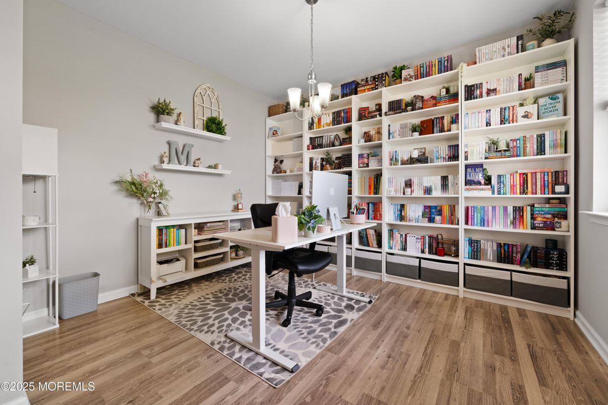 Chandelier, Home Office, Interior, Pendant Lights, Wood Texture Flooring