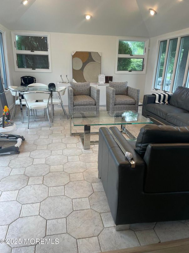 Dining room, Interior, Living room, Recessed Lighting, Stone Walls