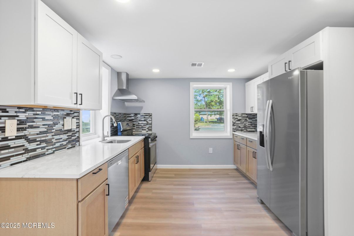Interior, Kitchen, Recessed Lighting, Stainless Steel Appliances, Wood Texture Flooring
