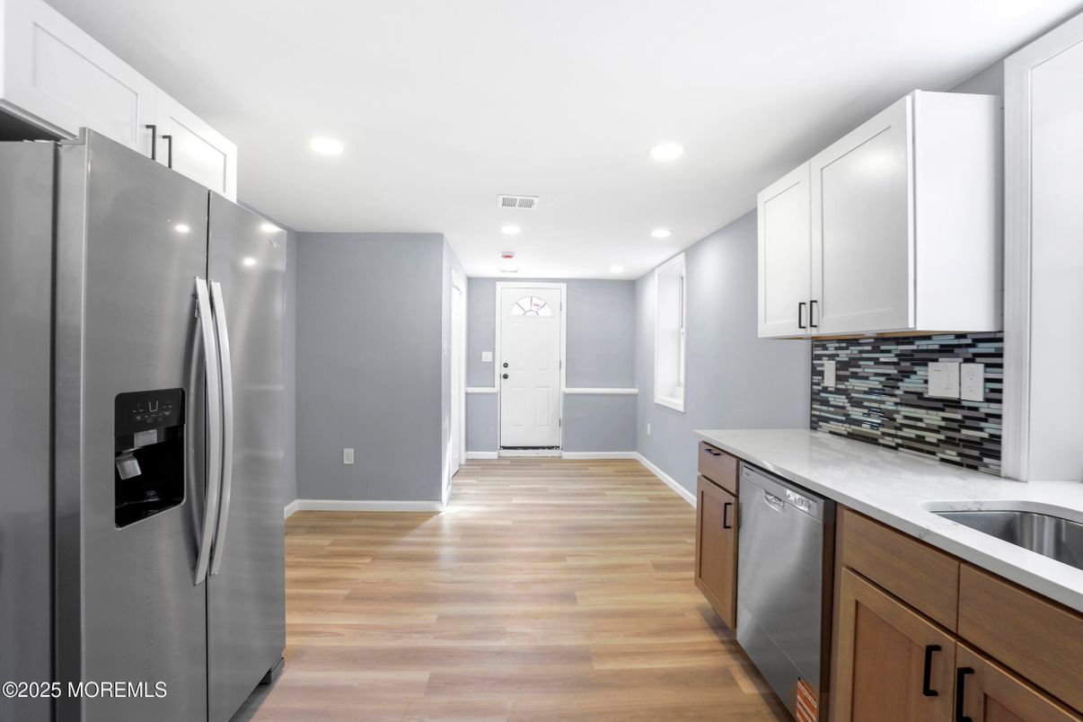 Interior, Kitchen, Recessed Lighting, Stainless Steel Appliances, Wood Texture Flooring