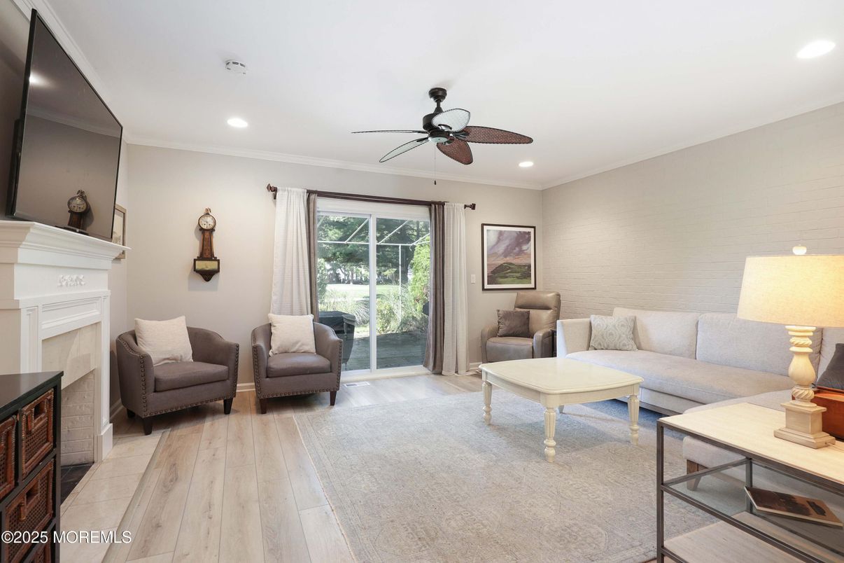 Fireplace, Interior, Living room, Recessed Lighting, Wood Texture Flooring