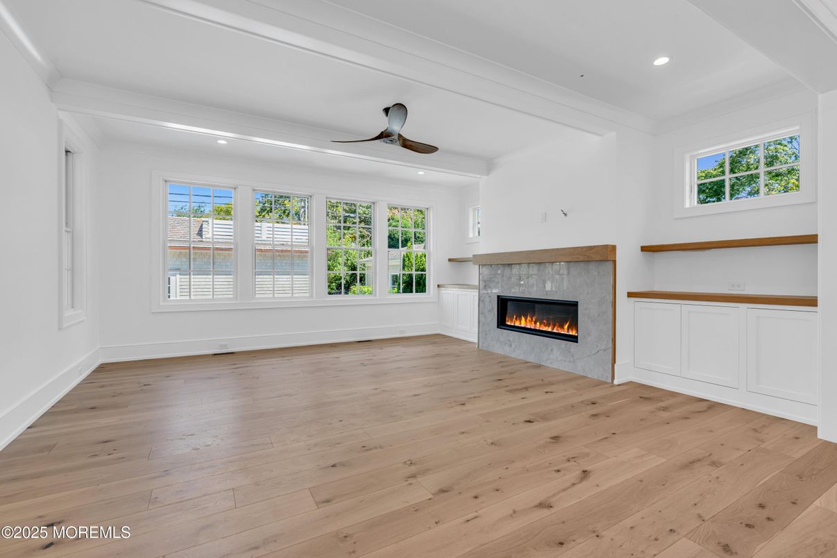Empty room, Fireplace, Interior, Recessed Lighting, Wood Texture Flooring