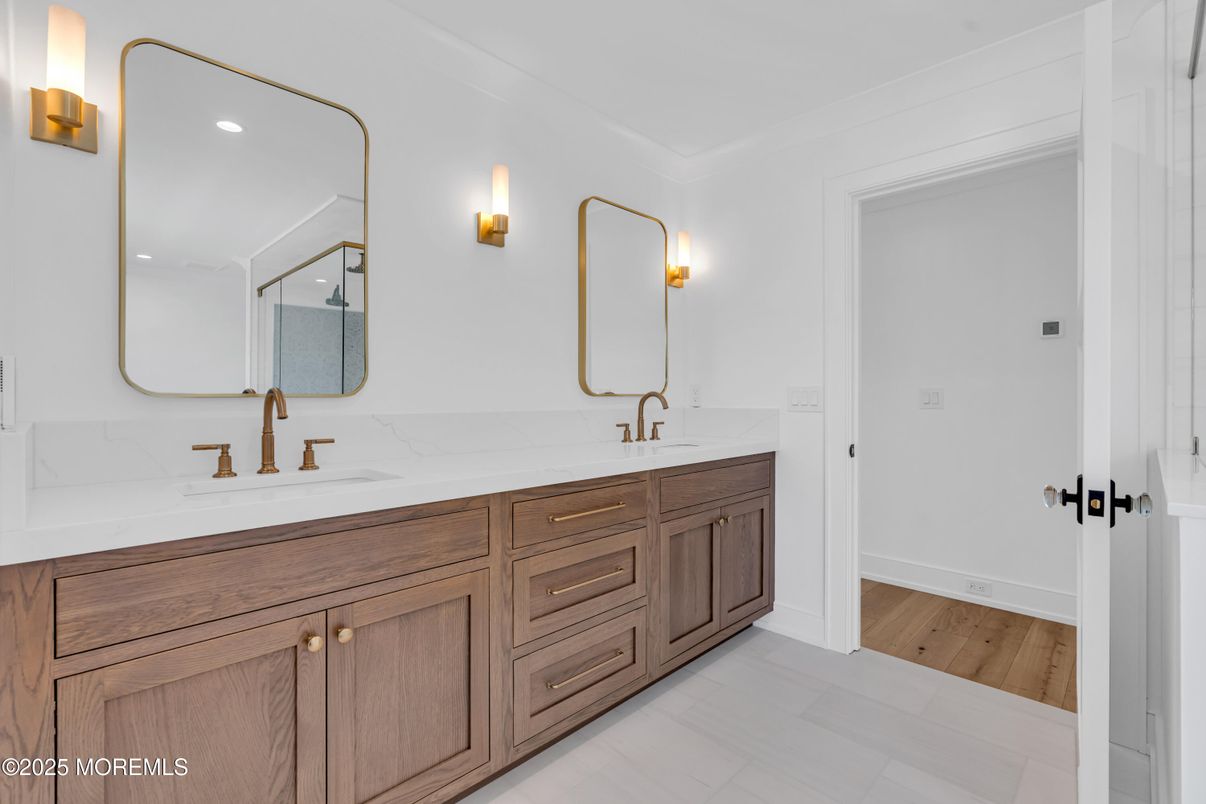 Bathroom, Dual Sink Vanities, Interior, Recessed Lighting, Wood Texture Flooring