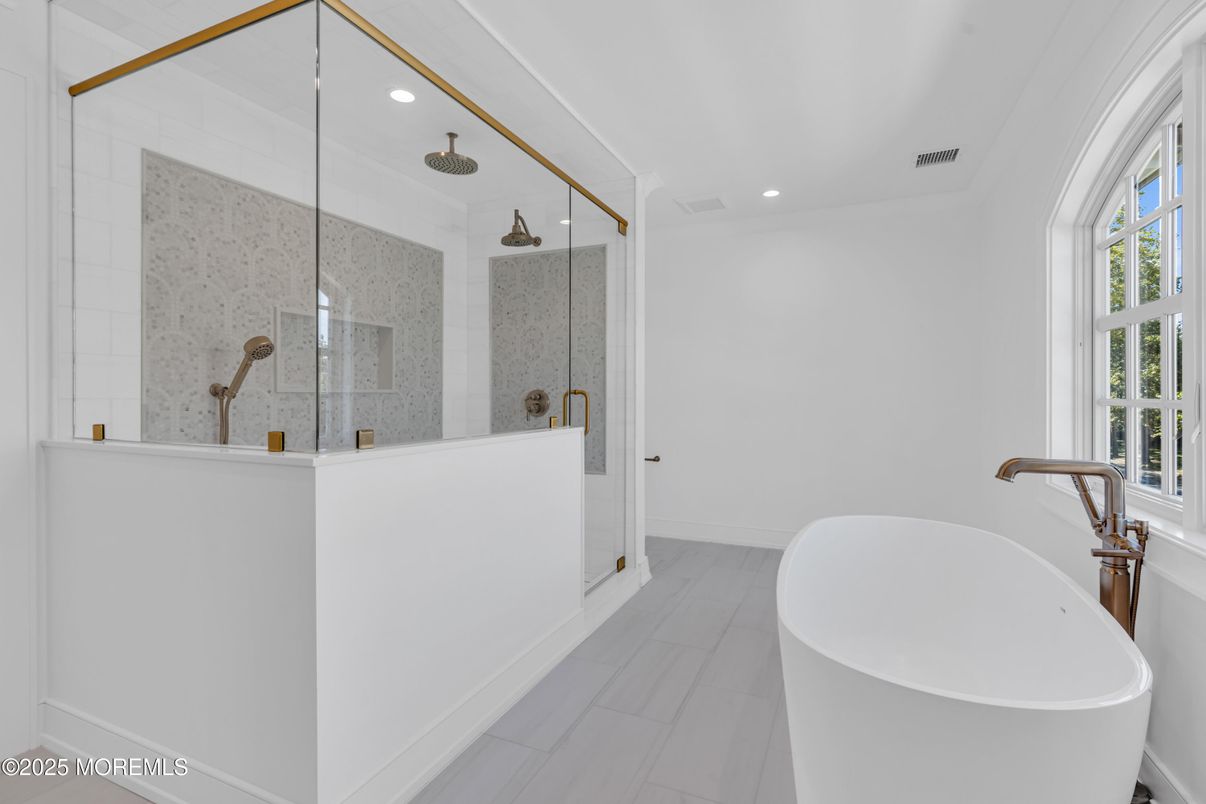Bathroom, Free Standing Baths, Glass Shower, Interior, Recessed Lighting