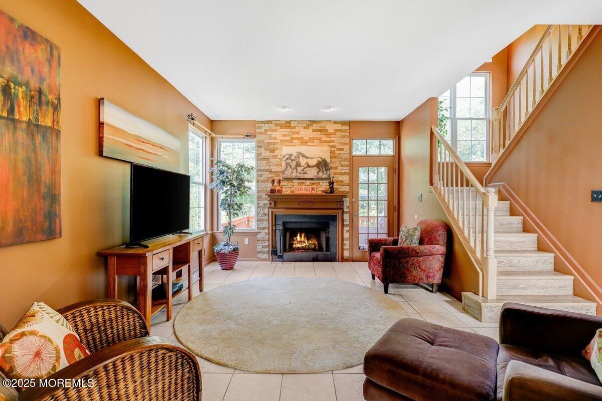 Fireplace, Interior, Living room, Recessed Lighting, Stone Walls