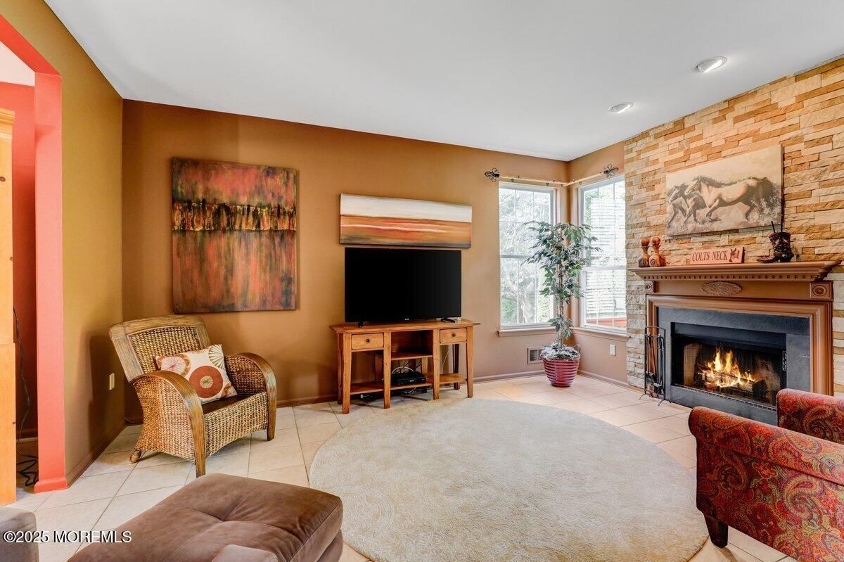 Fireplace, Interior, Living room, Recessed Lighting, Stone Walls