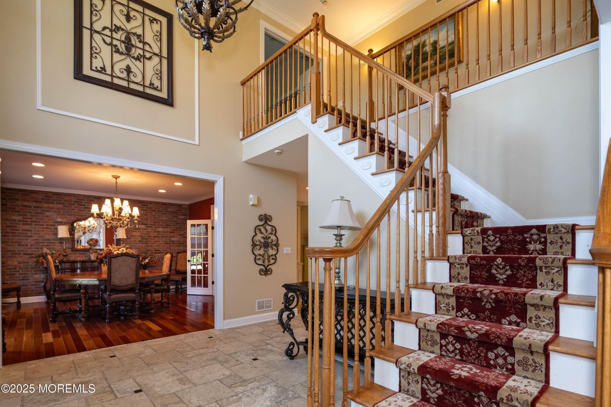 Chandelier, Dining room, Interior, Recessed Lighting, Stone Walls, Wood Texture Flooring