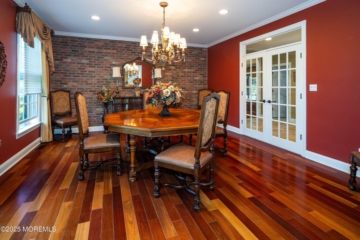 Chandelier, Dining room, Interior, Recessed Lighting, Stone Walls, Wood Texture Flooring