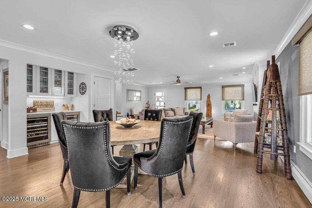 Dining room, Interior, Living room, Recessed Lighting, Wood Texture Flooring