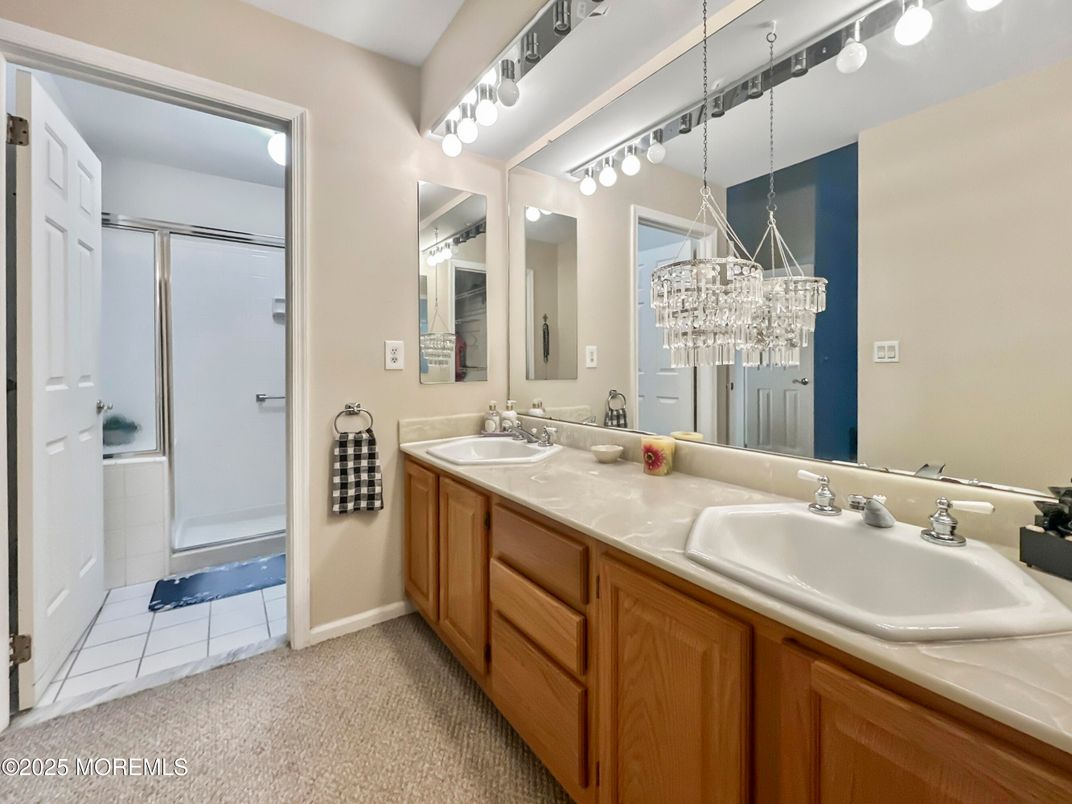 Bathroom, Chandelier, Dual Sink Vanities, Glass Shower, Interior