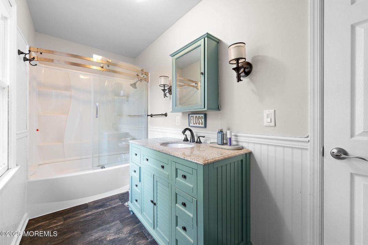 Bathroom, Glass Shower, Interior, Wood Texture Flooring