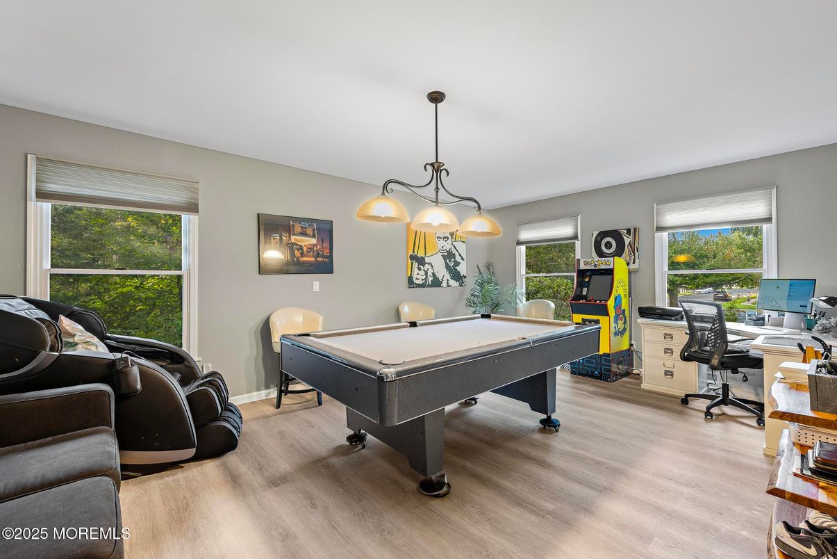 Billiard Table, Game Room, Home Office, Interior, Pendant Lights, Wood Texture Flooring
