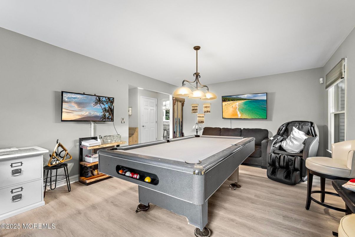 Billiard Table, Game Room, Interior, Pendant Lights, Wood Texture Flooring