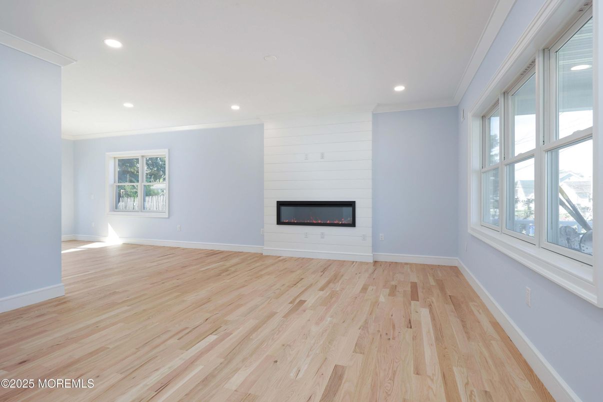 Empty room, Fireplace, Interior, Recessed Lighting, Wood Texture Flooring
