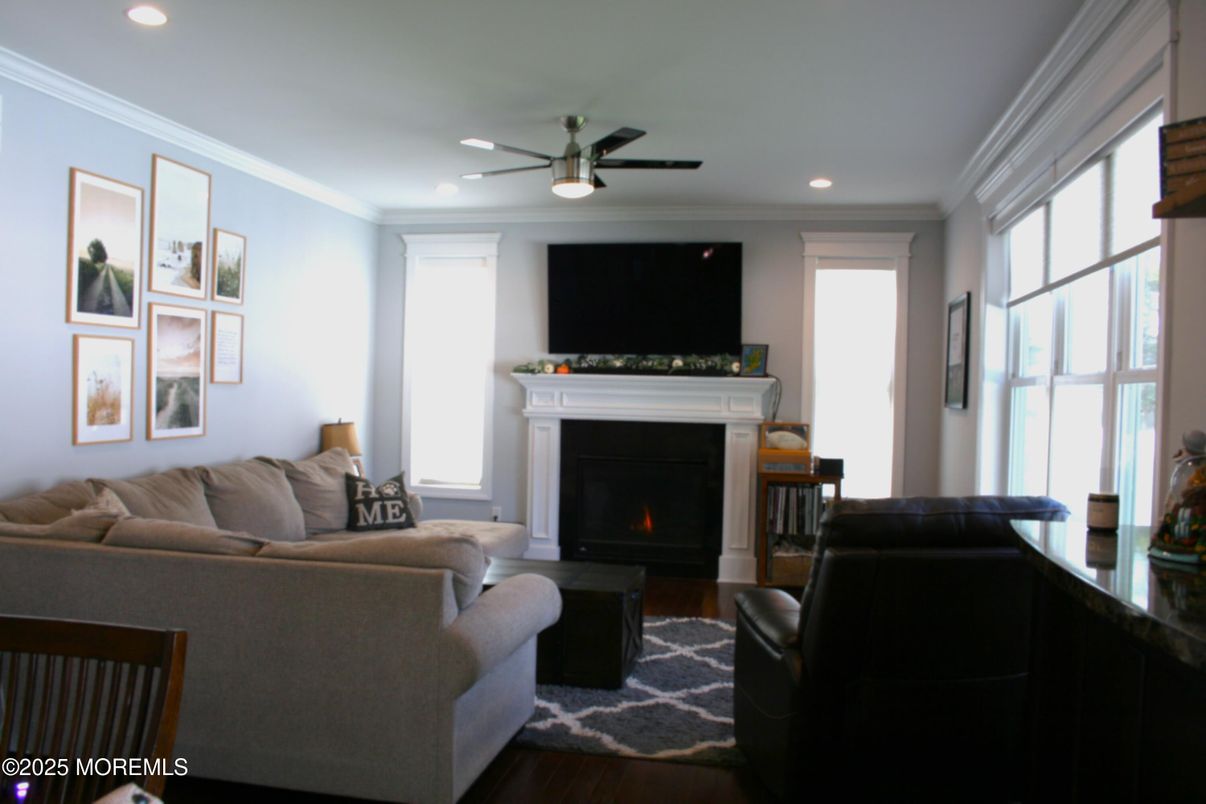Fireplace, Interior, Living room, Recessed Lighting, Wood Texture Flooring