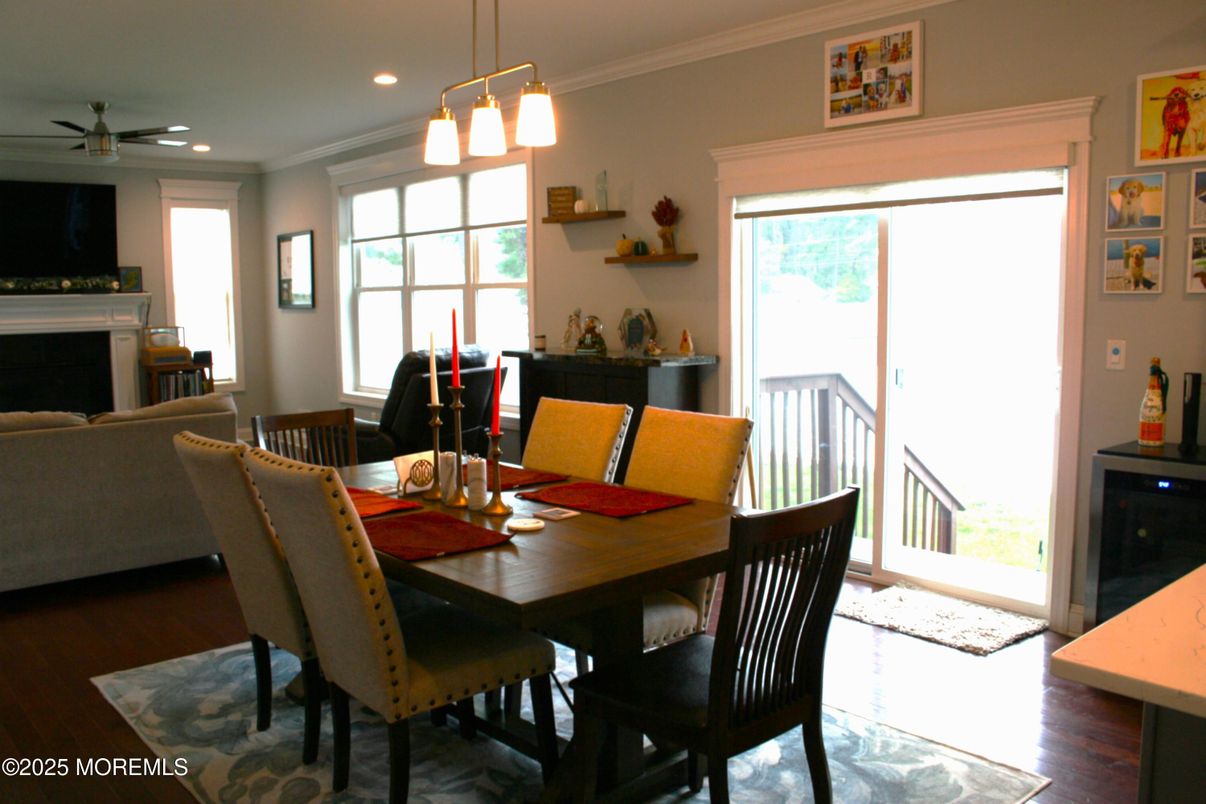 Dining room, Interior, Pendant Lights, Recessed Lighting, Wood Texture Flooring
