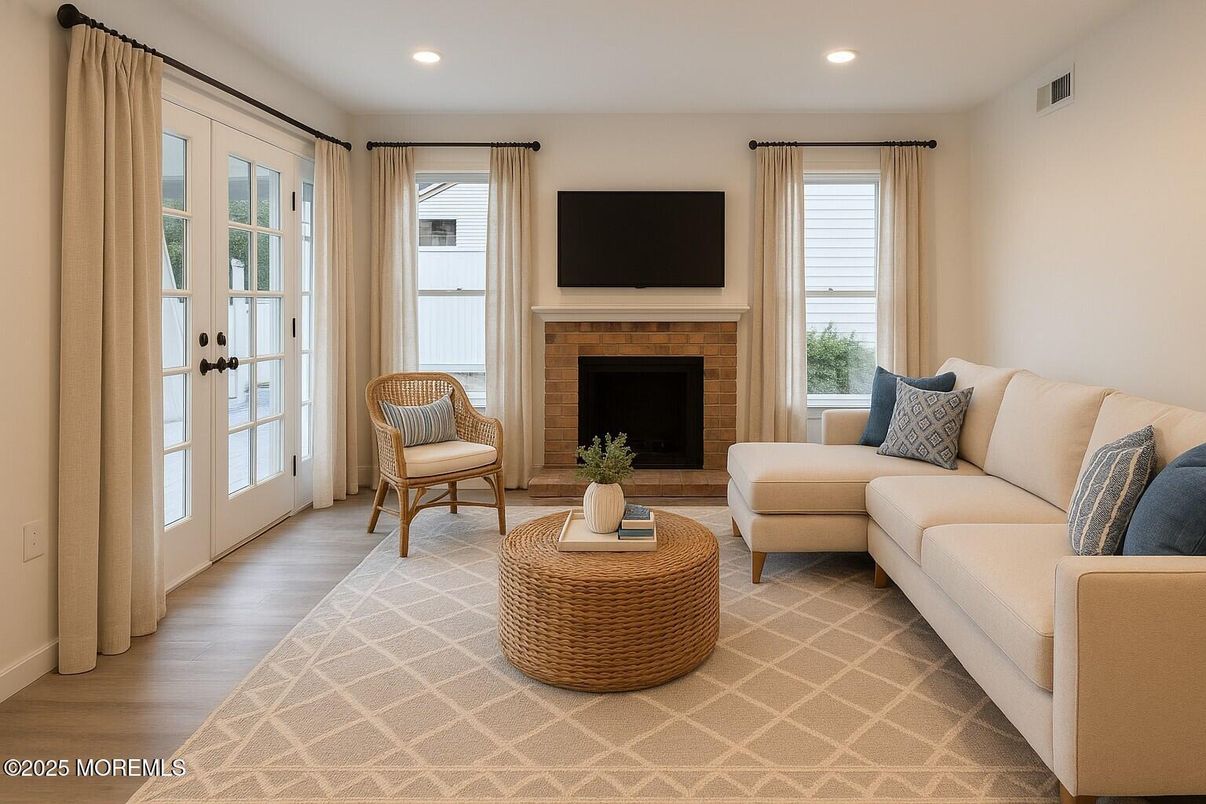 Fireplace, Interior, Living room, Recessed Lighting, Wood Texture Flooring