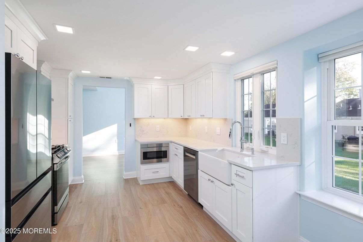 Interior, Kitchen, Recessed Lighting, Stainless Steel Appliances, Wood Texture Flooring