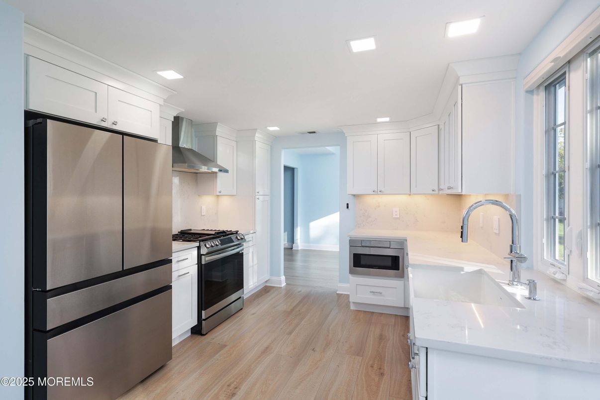 Interior, Kitchen, Recessed Lighting, Stainless Steel Appliances, Wood Texture Flooring