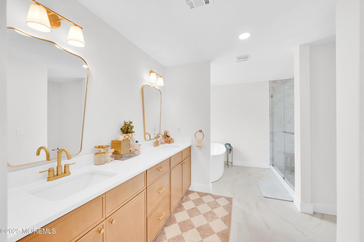 Bathroom, Dual Sink Vanities, Glass Shower, Interior, Marble, Recessed Lighting