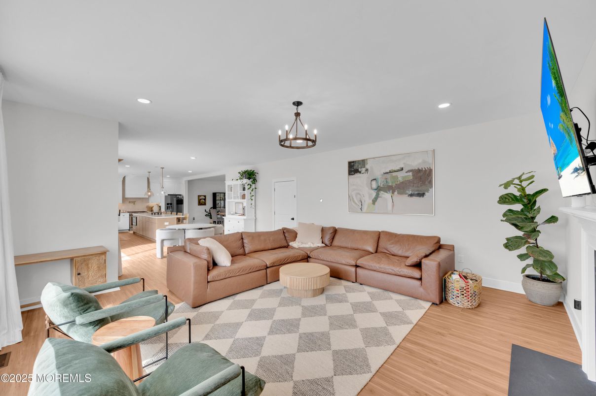 Fireplace, Interior, Kitchen, Living room, Pendant Lights, Recessed Lighting, Wood Texture Flooring