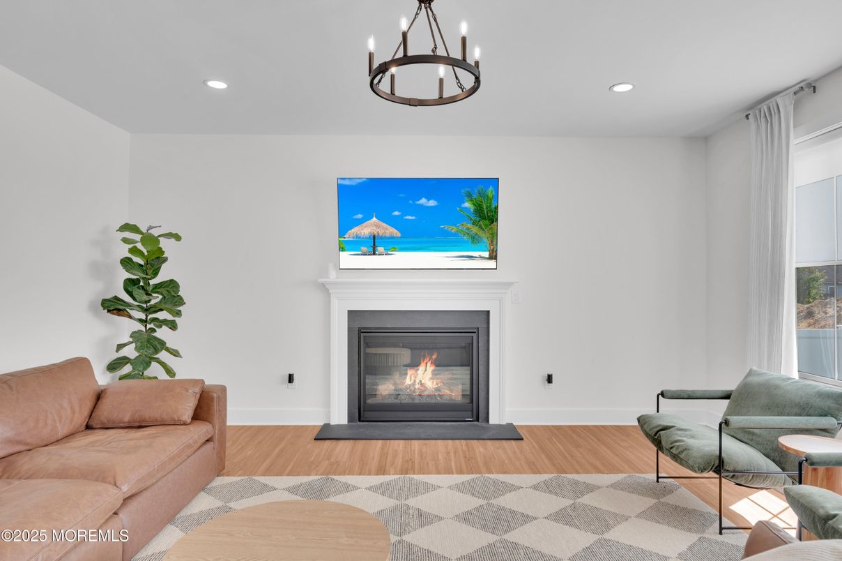 Fireplace, Interior, Living room, Pendant Lights, Recessed Lighting, Wood Texture Flooring