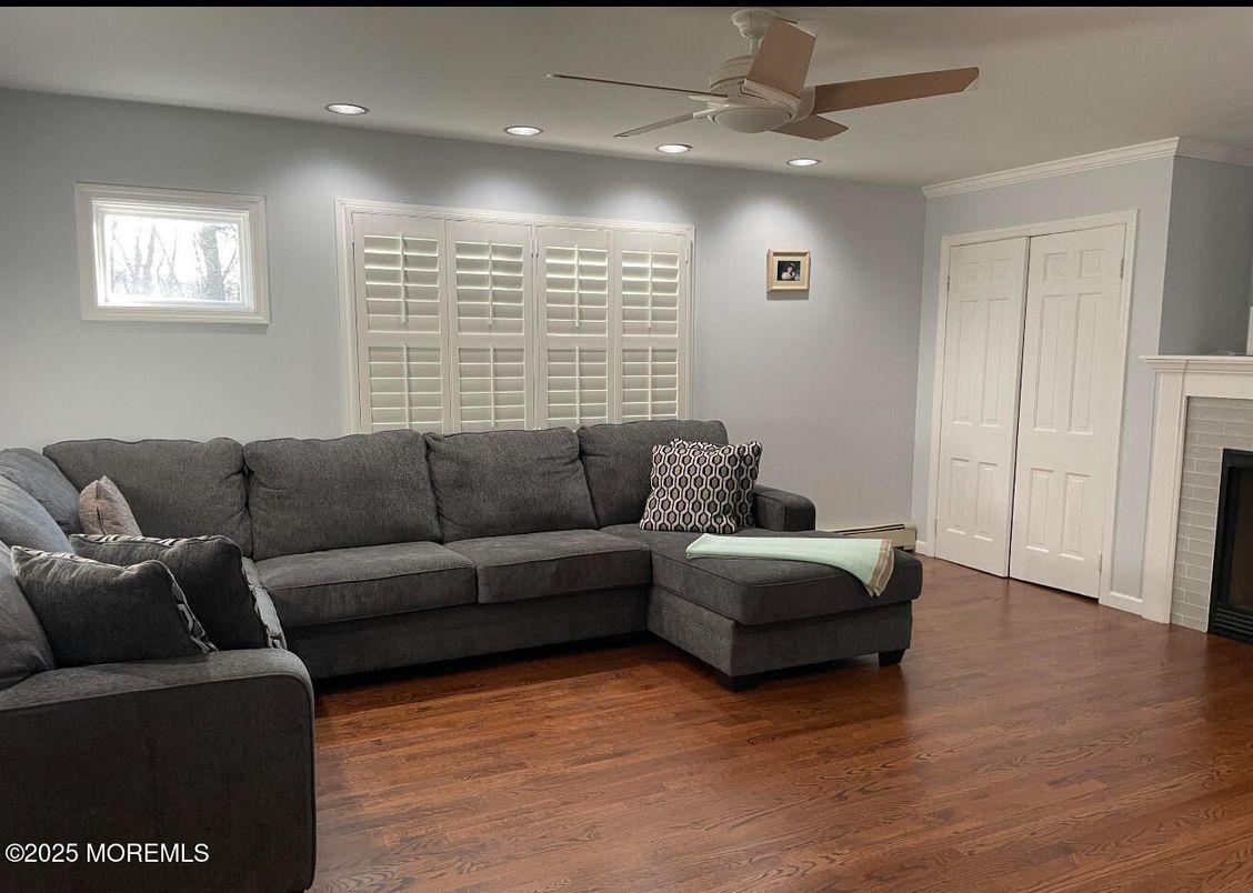 Fireplace, Interior, Living room, Recessed Lighting, Wood Texture Flooring