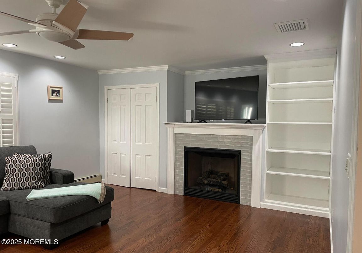 Fireplace, Interior, Recessed Lighting, Wood Texture Flooring
