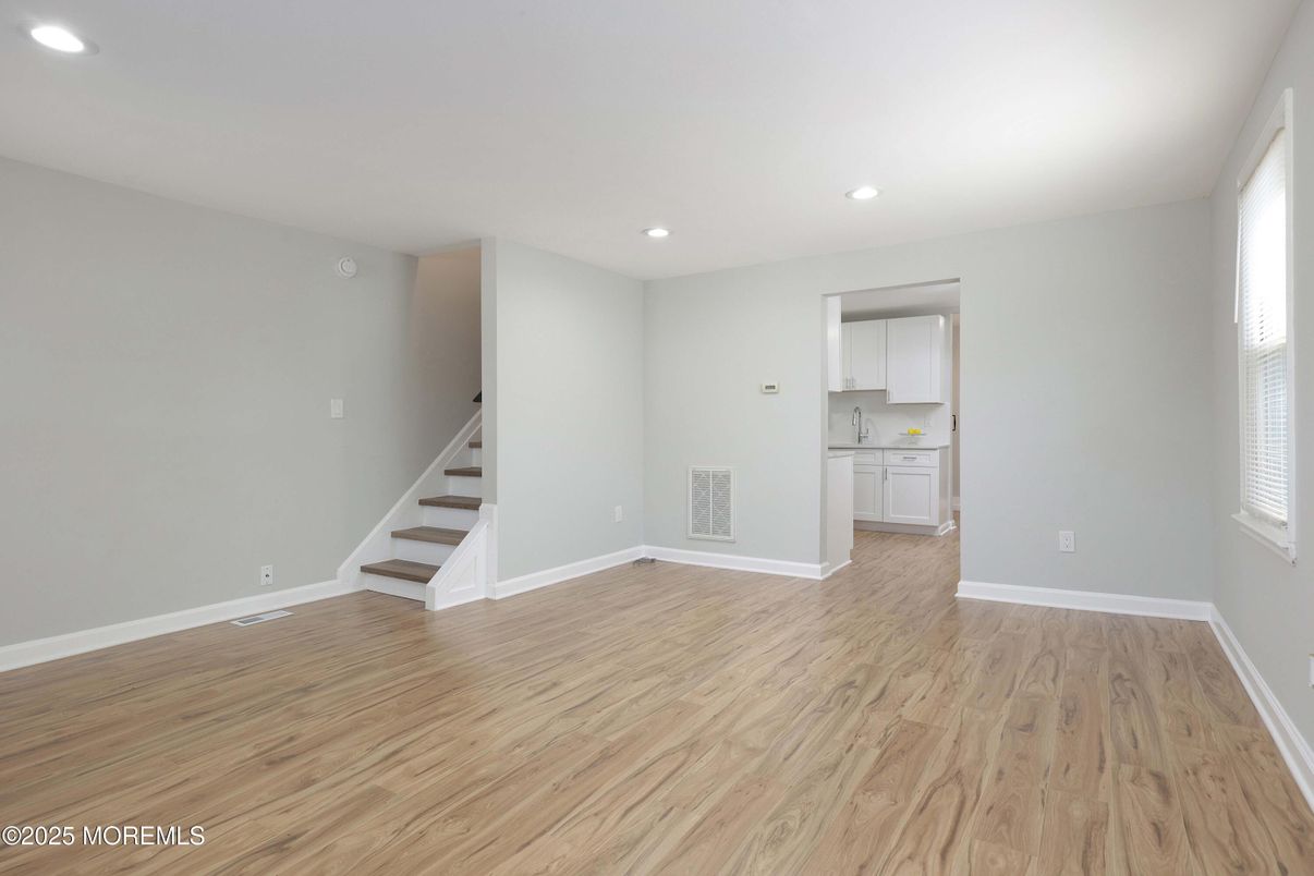 Empty room, Interior, Kitchen, Recessed Lighting, Wood Texture Flooring