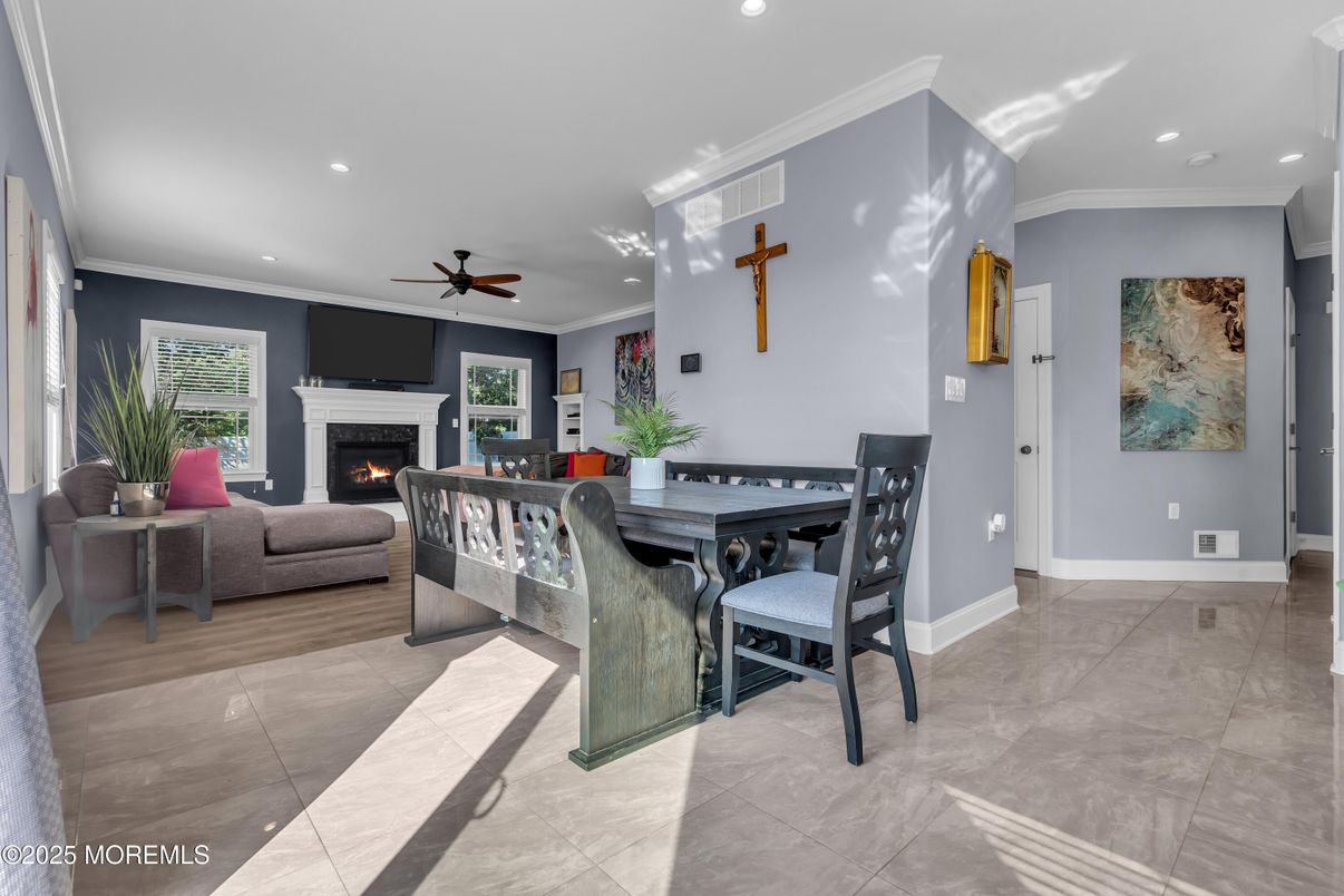 Dining room, Fireplace, Interior, Living room, Pendant Lights, Recessed Lighting