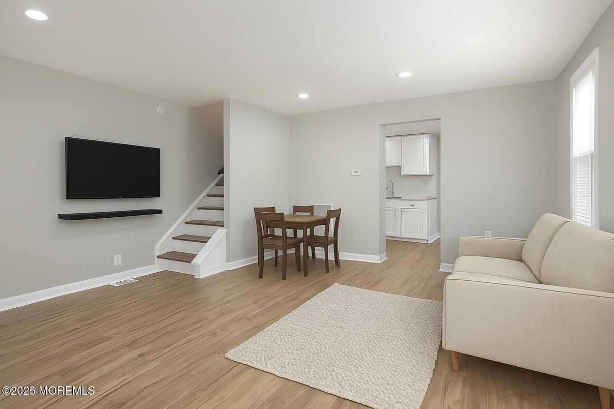 Dining room, Interior, Recessed Lighting, Wood Texture Flooring