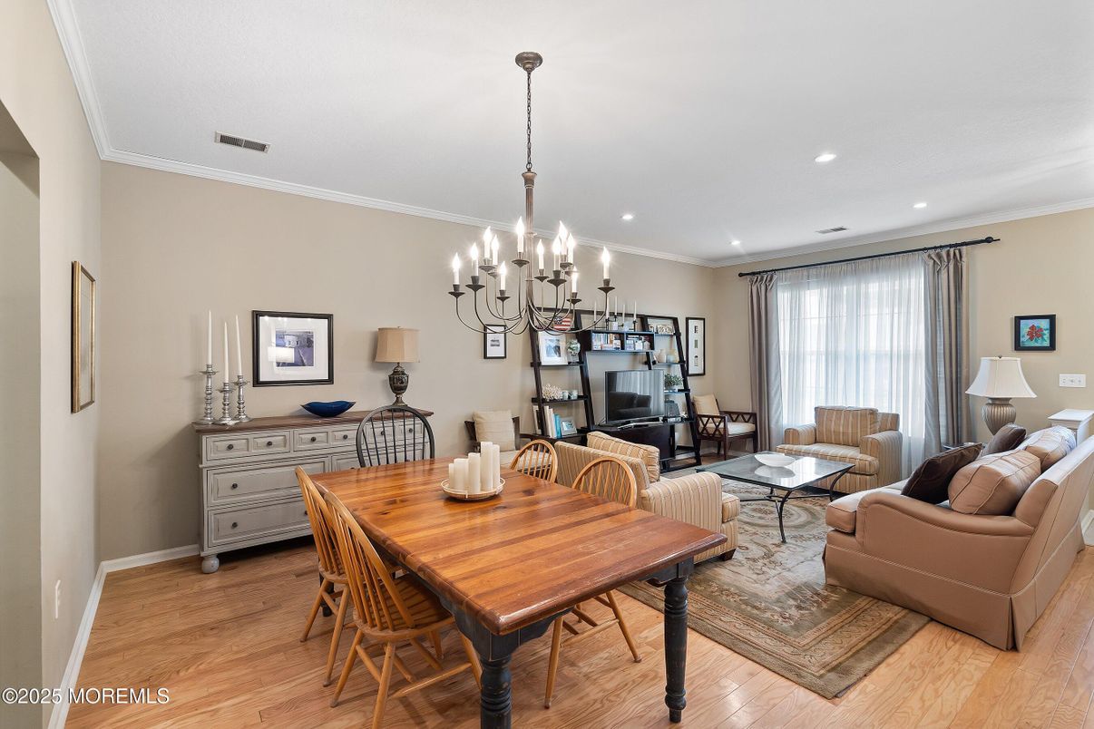 Chandelier, Dining room, Interior, Living room, Recessed Lighting, Wood Texture Flooring