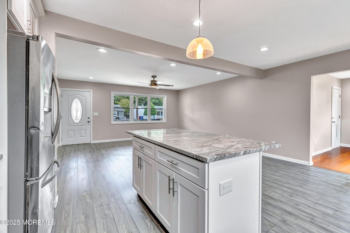 Interior, Kitchen, Pendant Lights, Recessed Lighting, Wood Texture Flooring
