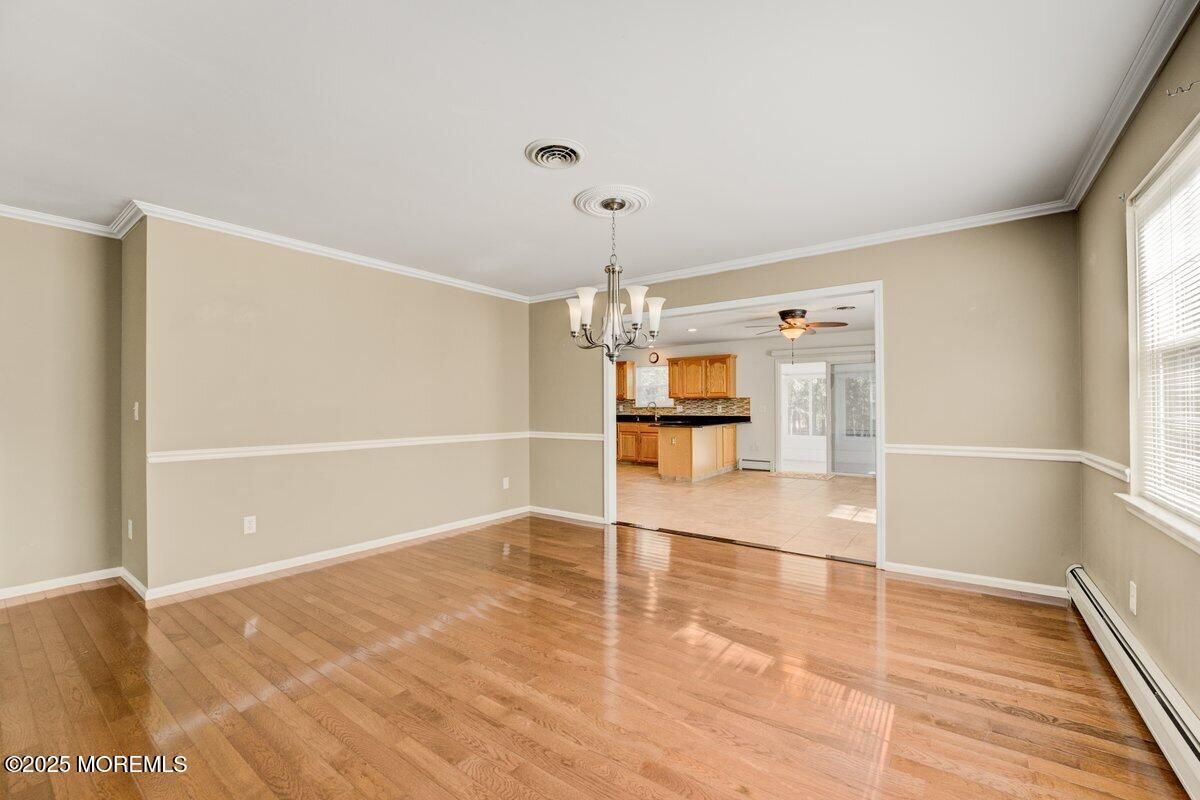 Chandelier, Empty room, Interior, Kitchen, Wood Texture Flooring