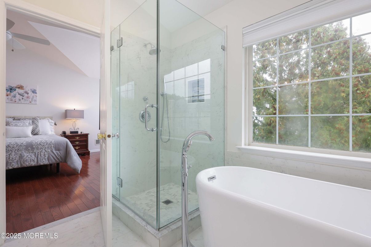 Bathroom, Bedroom, Free Standing Baths, Glass Shower, Interior, Marble, Marble Walls, Wood Texture Flooring