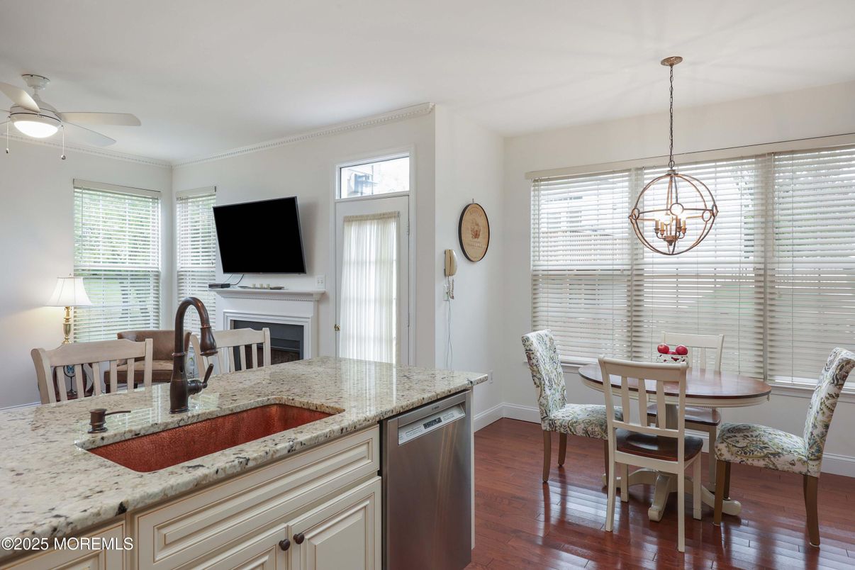 Dining room, Interior, Pendant Lights, Wood Texture Flooring